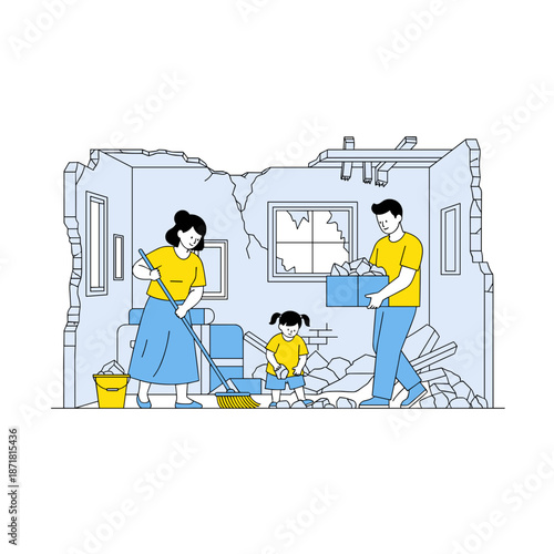 Family cleaning and organizing a damaged room with debris
