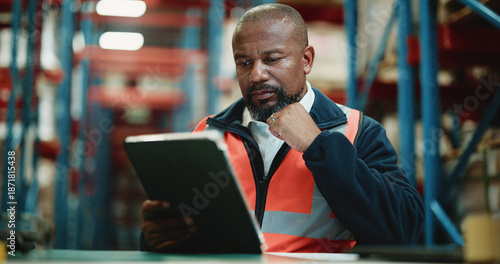 Foto Logistics, warehouse and man with tablet, thinking or inventory for supply chain, stock and shipping