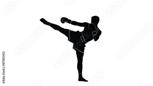 A black silhouette of a person wearing boxing gloves kicking with one leg on white background