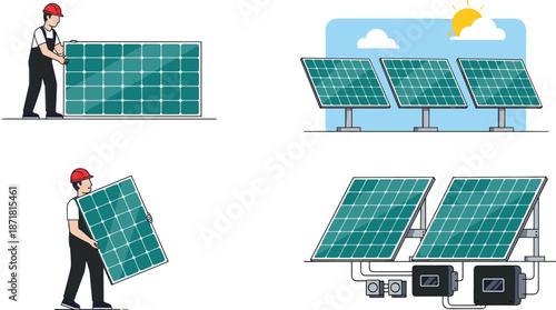 Solar panel installation illustration, renewable energy system vector set, green photovoltaic power generation, clean electricity design elements