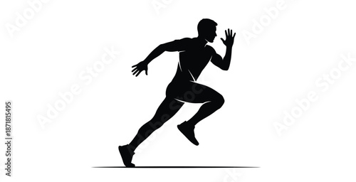 A black silhouette of a man running quickly with fitness and sport and athletics on white background