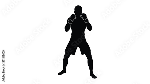 Silhouette of a man wearing boxing gloves standing in a fighting stance on white background