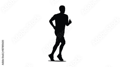 A silhouette of a man running in a dynamic pose with exercise and fitness on white background