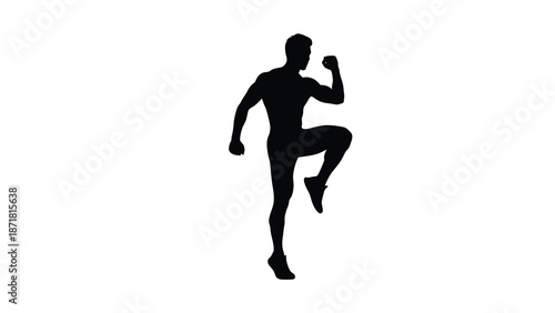 A black silhouette of a man in a dynamic running or kicking pose with fitness on white background