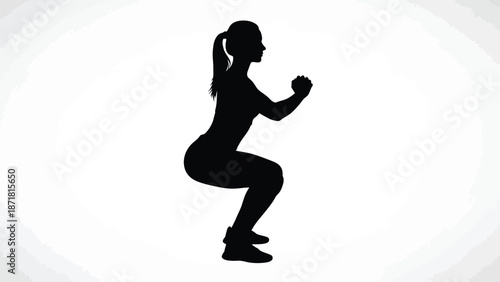 Silhouette of a woman performing a squat exercise with fitness and workout on white background