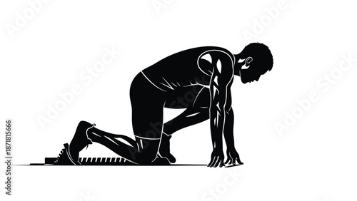 Man in athletic stance preparing to sprint from starting blocks with athlete on white background