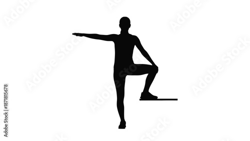 A person in a yoga pose with one leg bent and arm extended with silhouette on white background