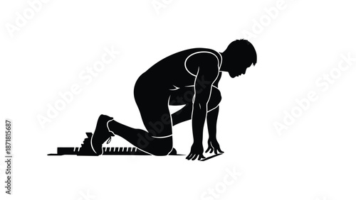Black silhouette of a man in a sprint start position a with athlete and sports on white background