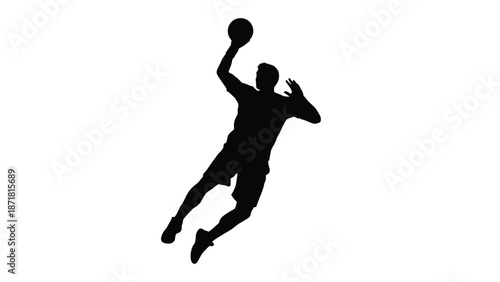 A silhouette of a man in mid air throwing a ball with his right hand with sport on white background