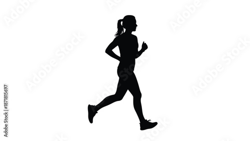Silhouette of a woman running in motion with ponytail with fitness and exercise on white background