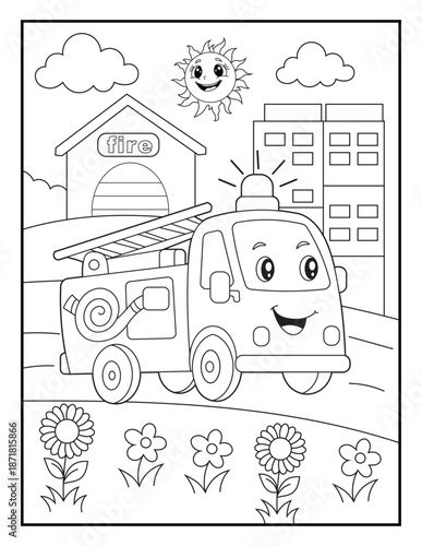 Cute Fire Truck Coloring Page for Kids
