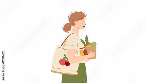 Zero-waste grocery icons with jars, tote bag and reusable containers