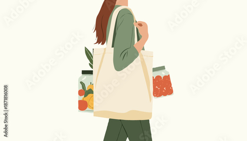 Zero-waste grocery icons with jars, tote bag and reusable containers