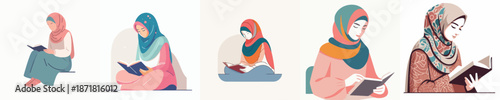 Illustration of Muslim women reading books in various poses and attire.