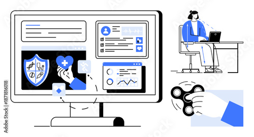 Healthcare technology. Healthcare dashboard showing analytics, user profiles, and digital tools. Healthcare ecosystem includes telemedicine, digital security, and patient interaction. For health