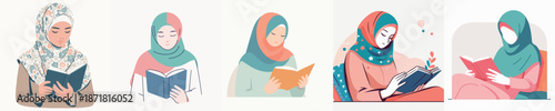 Five diverse illustrations of Muslim women wearing hijabs, engaged in reading books, depicting various poses and styles of study and learning.