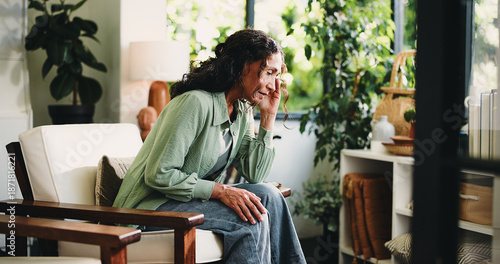 Bild auf Leinwand Brain fog, headache and stress with woman in living room of home for burnout, discomfort or pain