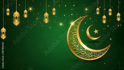 Golden crescent moon hanging with ornate lanterns celebrating ramadan or eid al fitr
