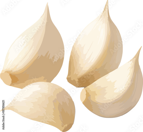 Four Garlic Cloves on White Background herb spice
