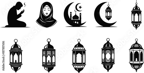Ramadan kareem silhouette illustrations with lanterns and crescent moon