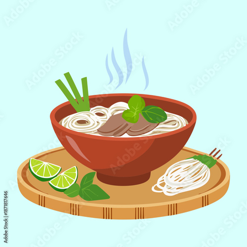 Hot bowl of vietnamese pho noodle soup with beef and herbs on wooden tray - Vector Illustration