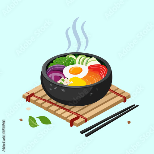 Healthy bowl of bibimbap rice and vegetables with chopsticks served on a bamboo mat - Vector Illustration