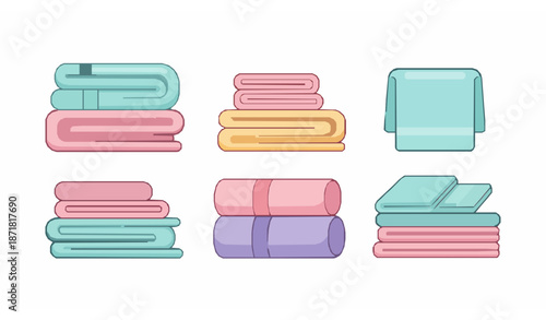 Cartoon bath and kitchen towel stack vector illustration with soft folded textile fabrics isolated on white background