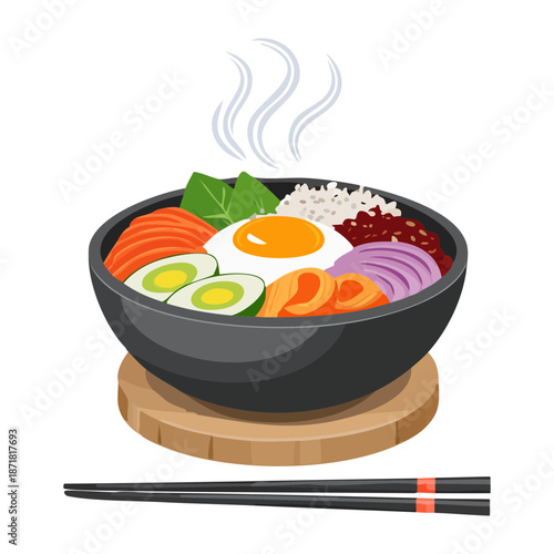 Steaming bowl of bibimbap with rice egg and colorful vegetables served with silver chopsticks - Vector Illustration