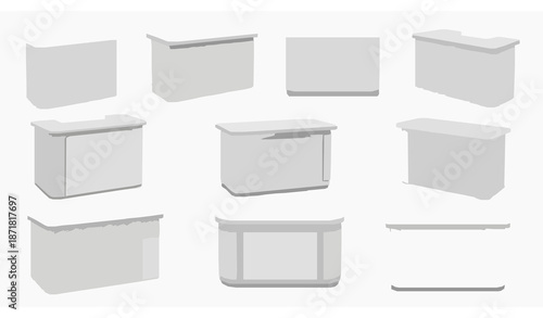 Realistic white promotional counter vector set with blank advertising stands and event desk mockups