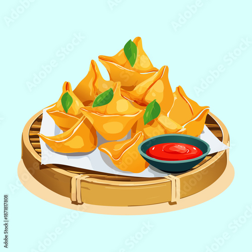 Golden crispy samosas served with red dipping sauce in a traditional bamboo steamer basket - Vector Illustration