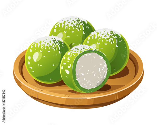 Delicious indonesian sweet snacks klepon with grated coconut served on a woven bamboo plate - Vector Illustration