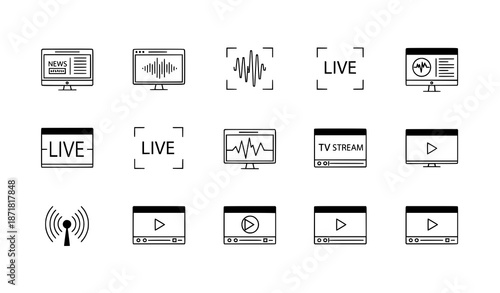Live streaming technology icons vector set with video broadcast screens and online media symbols