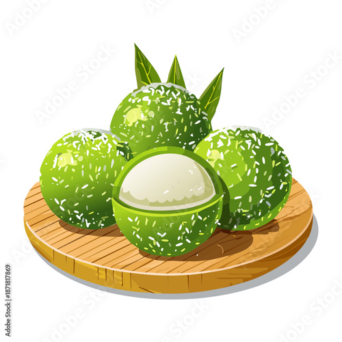 Green klepon sweet rice balls with palm sugar filling and coconut flakes on wooden plate - Vector Illustration