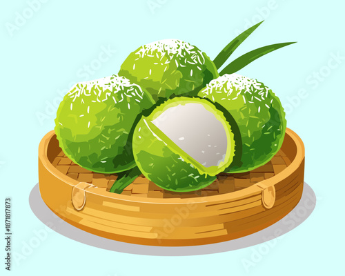 Traditional indonesian klepon rice balls coated with grated coconut served in a bamboo basket - Vector Illustration