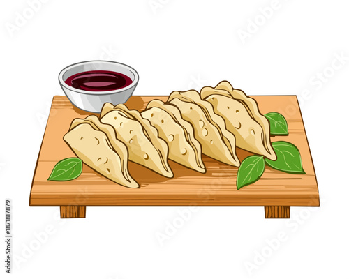 Golden brown fried dumplings served on a wooden plate with spicy dipping sauce - Vector Illustration