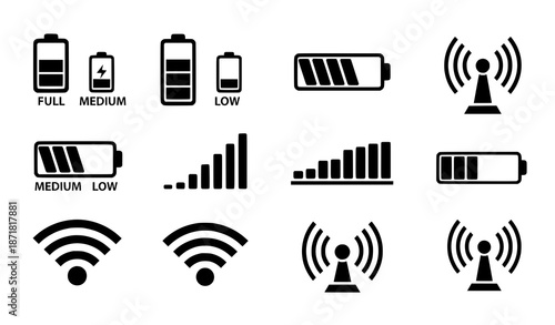 Wifi signal and battery level black icon vector set with mobile network and system status indicators