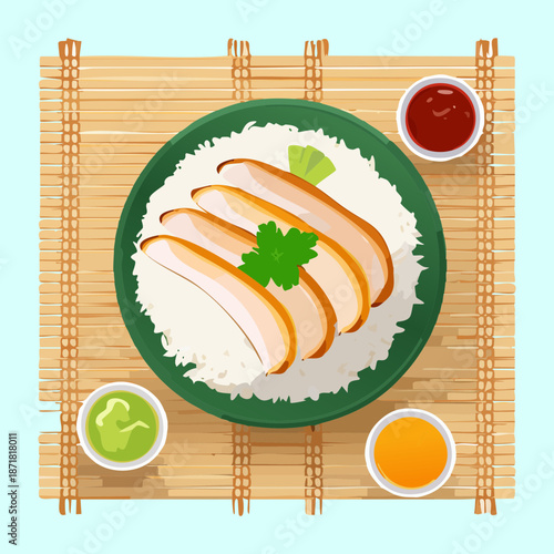 Sliced roasted chicken breast served over rice with dipping sauces on a bamboo mat tray - Vector Illustration