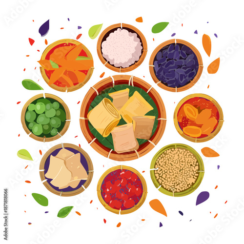 Colorful vegetarian food platter with various grains legumes and vegetable side dishes in bowls - Vector Illustration