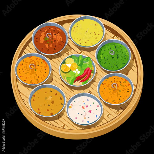Traditional indian thali meal with rice various lentil curries and spicy side dishes on tray - Vector Illustration