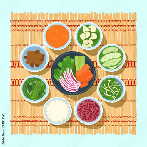 Assorted indian curry platter with rice and various vegetarian dishes served on a bamboo tray - Vector Illustration