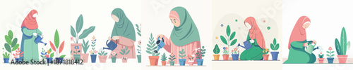 People tending to plants in pots, gardening activity illustration.