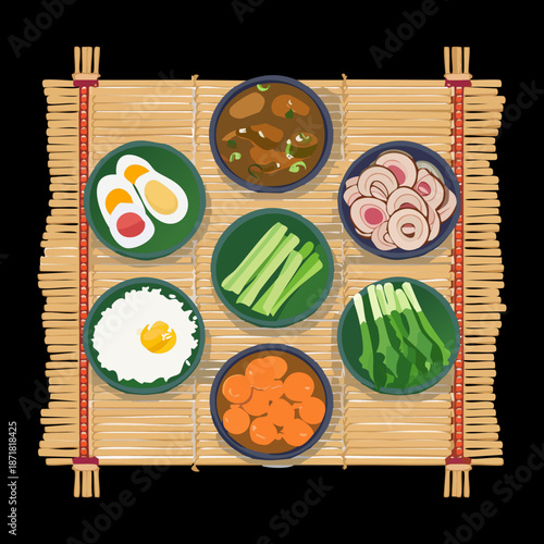 Authentic korean bibimbap meal set with rice eggs and various colorful side dishes on tray - Vector Illustration