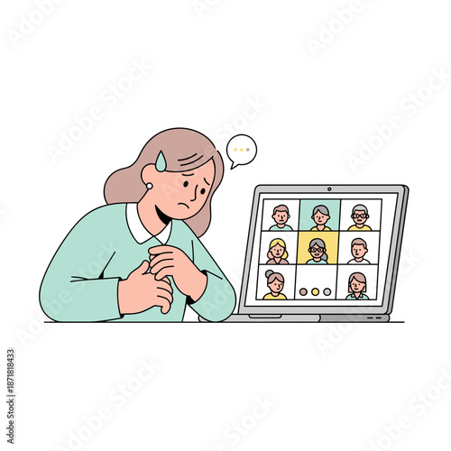 Young woman feeling anxious while attending video call meeting  