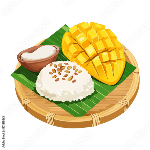 Traditional mango sticky rice dessert with ripe mango slices served on a wooden plate tray - Vector Illustration