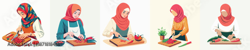 Illustrations of women preparing food in various attire.