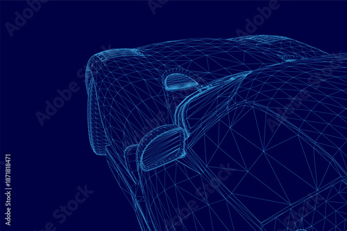 A blue wireframe of a sport car is displayed on a dark blue background, featuring sleek contours and a dynamic three-dimensional perspective.