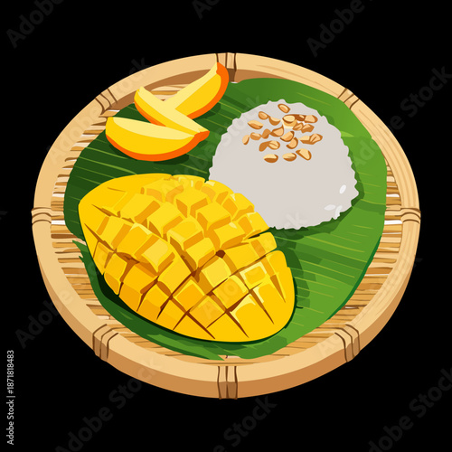 Delicious mango sticky rice with toasted sesame seeds and fresh fruit slices on black background - Vector Illustration