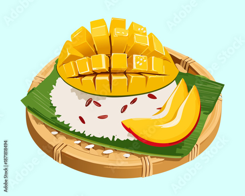 Thai mango sticky rice dessert with fresh mango slices served on a banana leaf plate - Vector Illustration