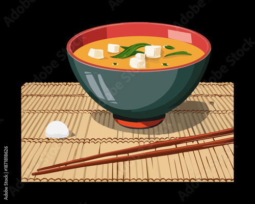 Bowl of hot miso soup with tofu and green onions served on a bamboo mat - Vector Illustration