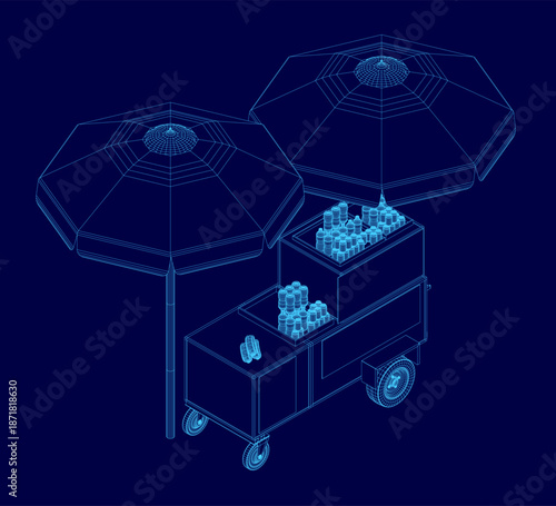 Animated 3D wireframe hotdog cart with two umbrellas moves against a solid blue background.
